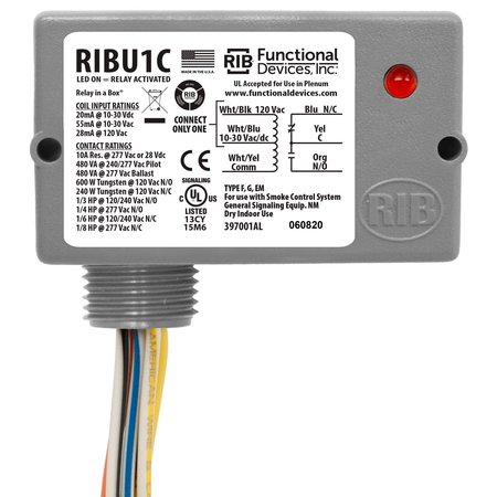Functional Devices-Rib Pilot Relay, 10 Amp SPDT, 10-30 Vac/dc/120 Vac Coil, NEMA 1 Housing RIBU1C